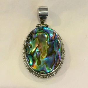 Abalone and Sterling Silver Oval Pendant with Rope Trim Around Bezel